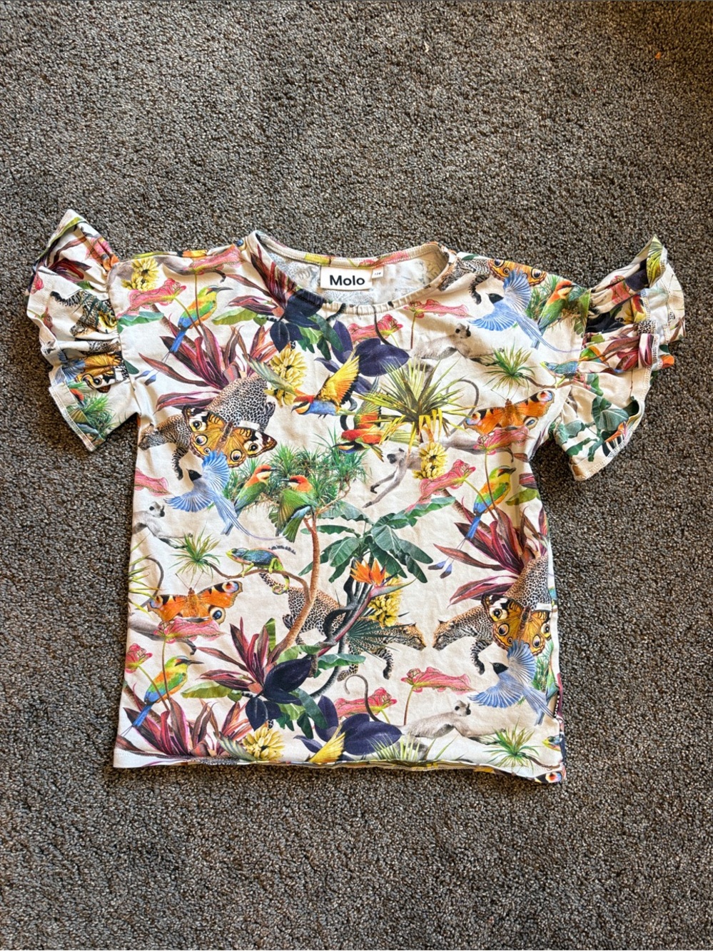 Molo Multicolor Tropical Bird & Butterfly Print Ruffle Sleeve Top